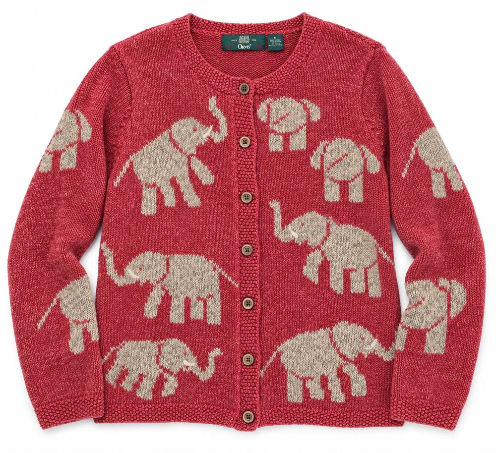 Women's Vintage 90s Orvis Elephant Hand Knit Cotton Cardigan Sweater Red Medium